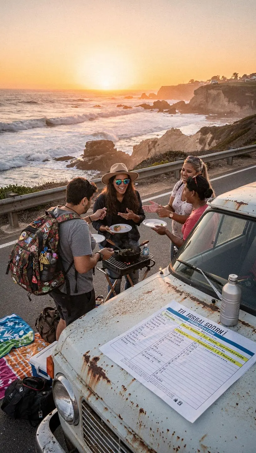 Compact car packed for a cross-country road trip emphasizing savings on transportation.